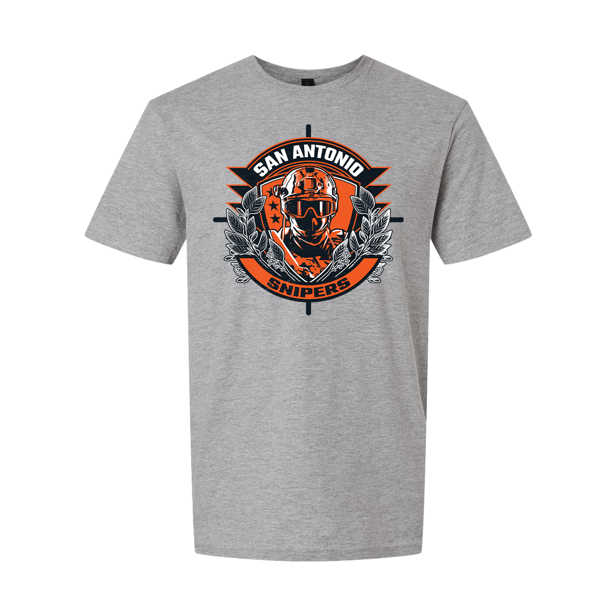 Gray t-shirt with 'San Antonio Snipers' graphic design on a white background
