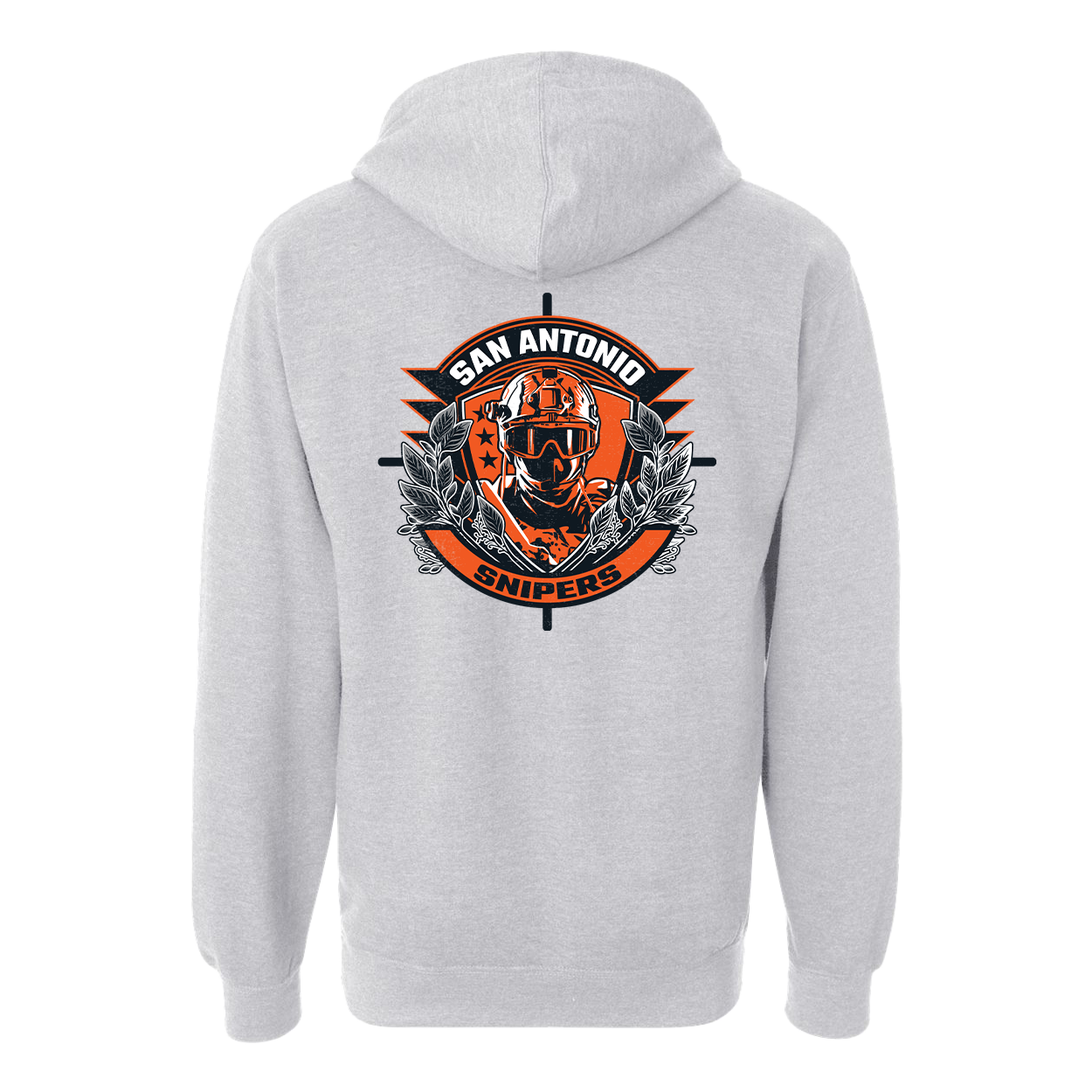 Gray hoodie with 'San Antonio Snipers' logo on the back against a white background