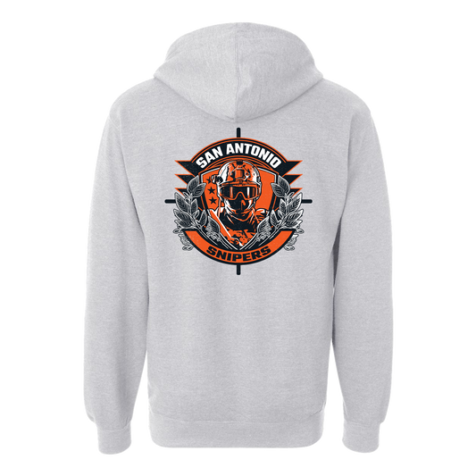 Gray hoodie with 'San Antonio Snipers' logo on the back against a white background