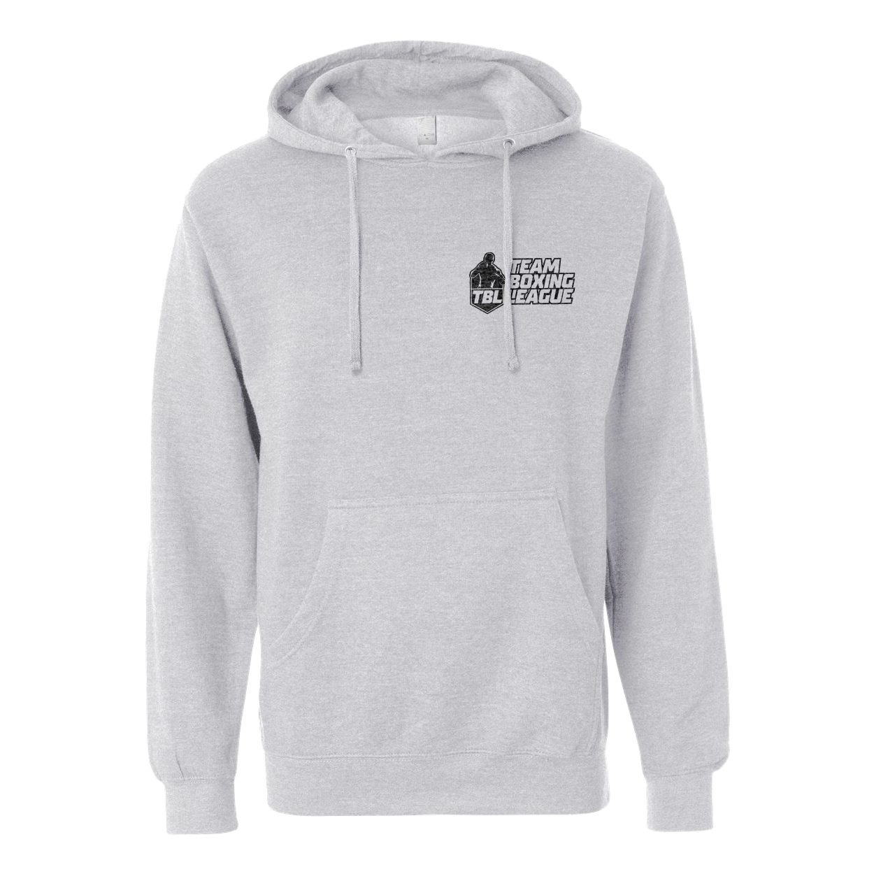 Gray hoodie with a logo on the chest against a white background