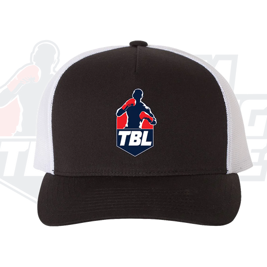 Black and white cap with TBL logo on a white background