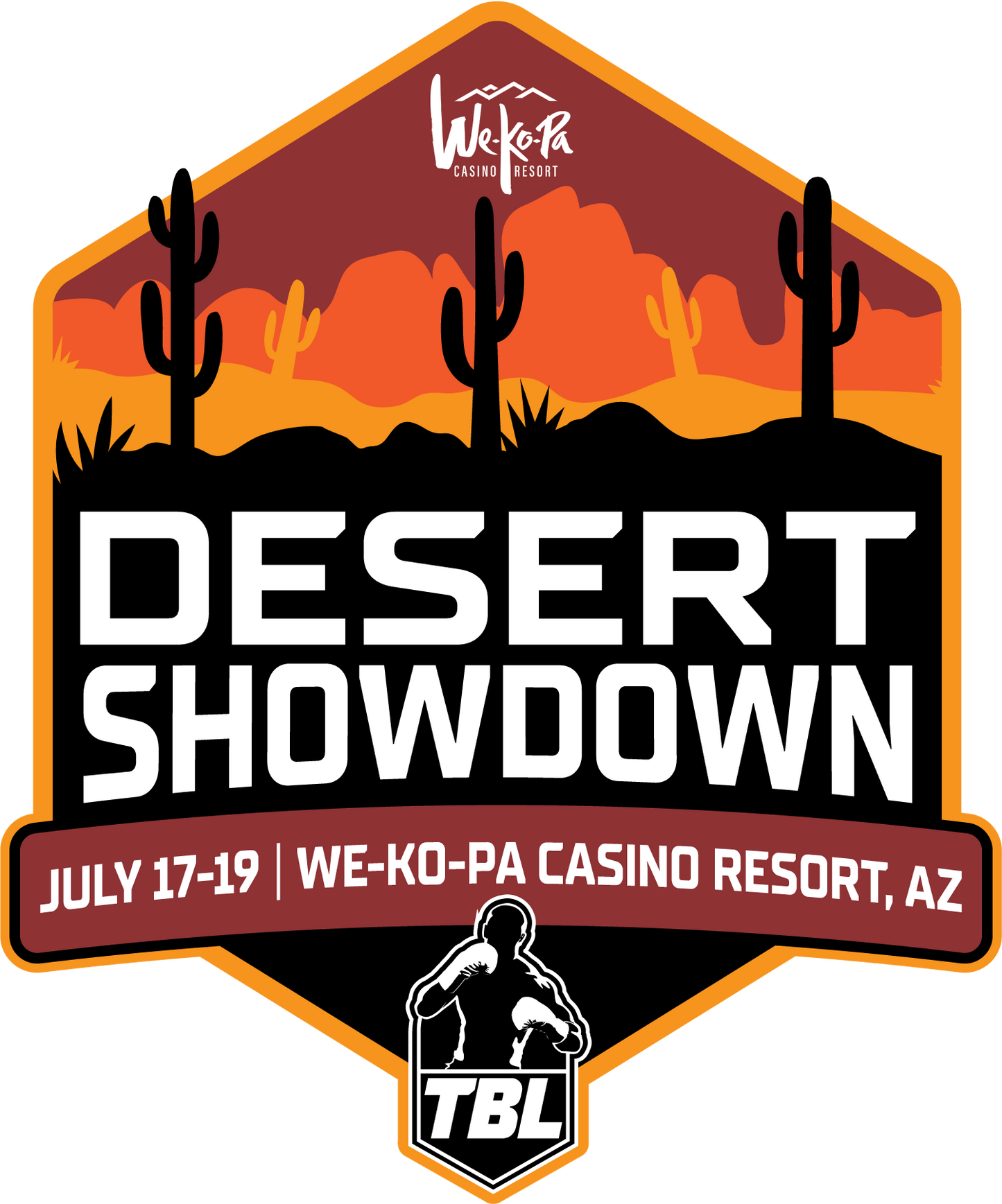 Desert Showdown event logo with cacti, desert landscape, and text about location and dates.