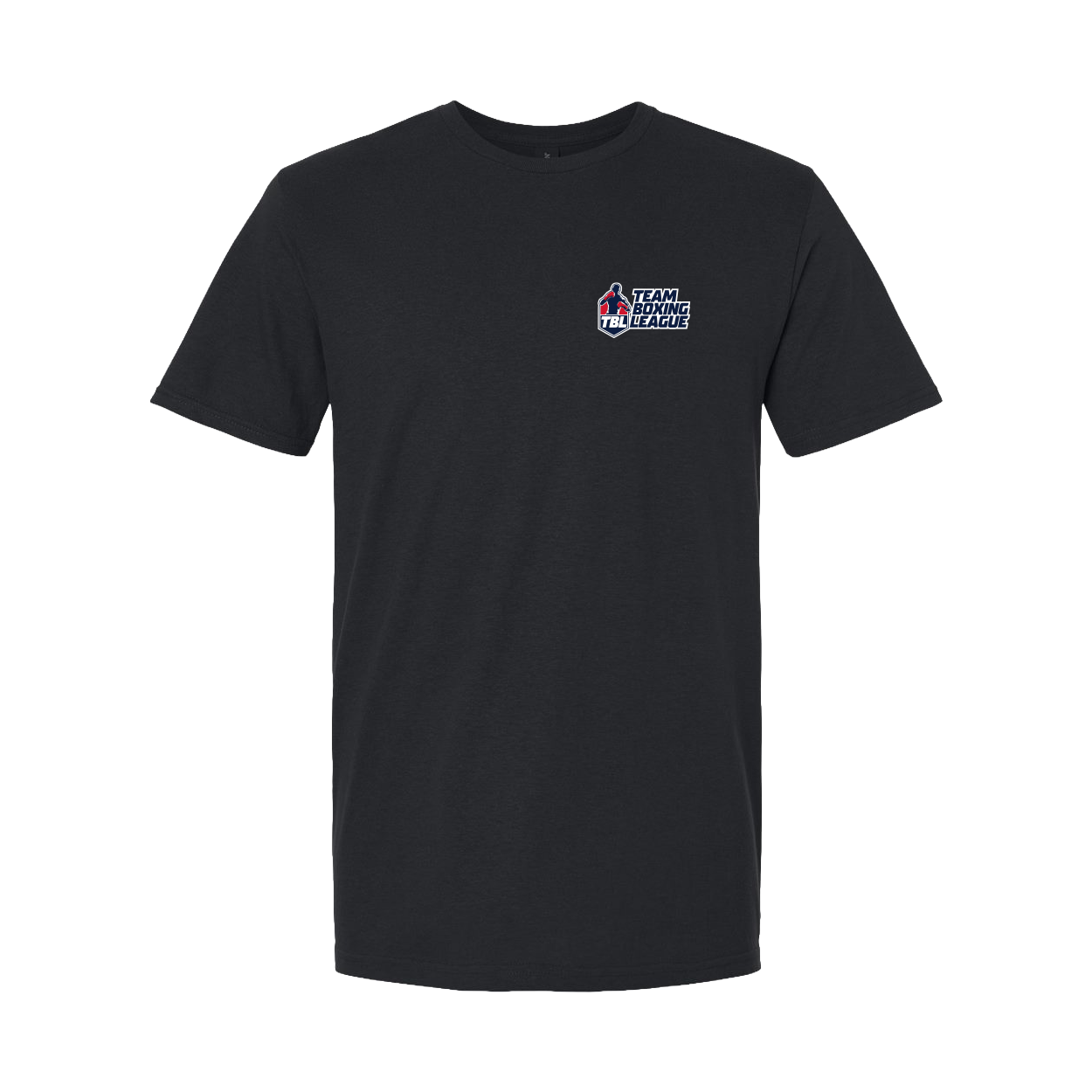 Black t-shirt with a logo on the chest against a white background