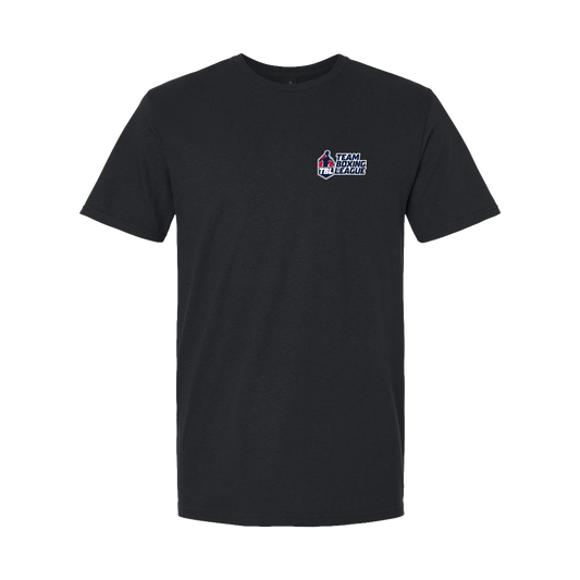 Black t-shirt with a logo on the chest against a white background