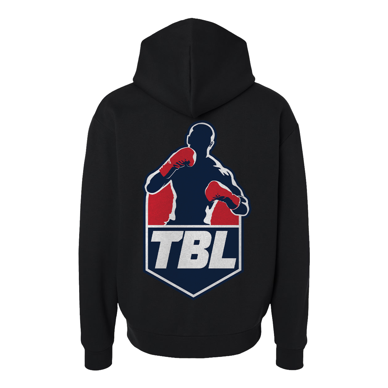 Black hoodie with TBL logo on the back against a white background